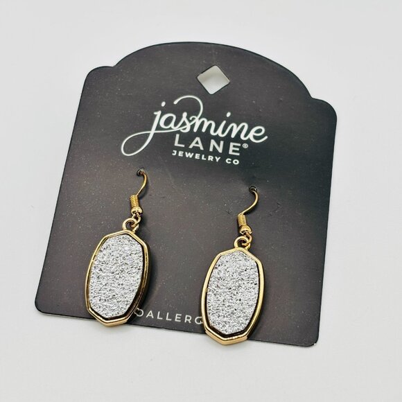 Jasmine Lane Gold Tone Dangle Earrings Silver Glitter Oval Stone Drop Hypoallerg - Picture 1 of 4